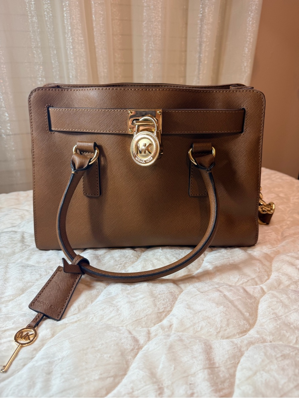 MICHAEL Michael Kors Brown Saffiano Satchel with Gold Hardware